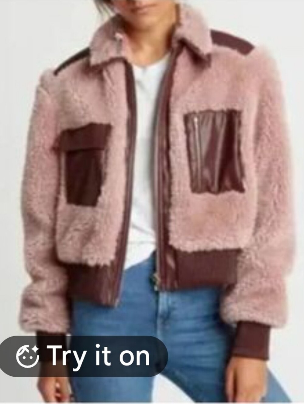 Choosy Pink Sherpa "Keara" Aviator Jacket with Brown Faux Leather Trim- NWT- XL